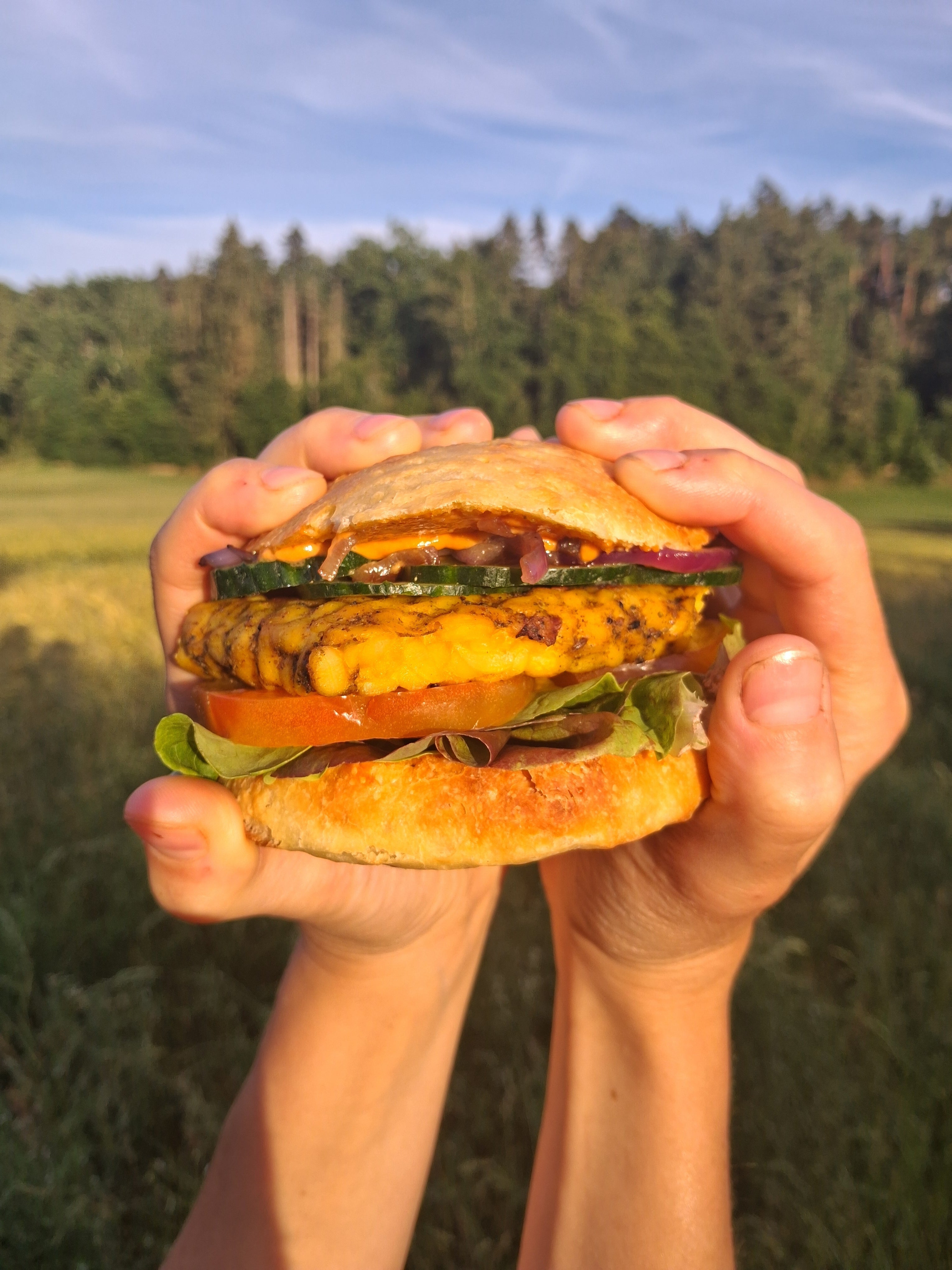 Tempeh-Burger „Fruchtiger Orient" mit hausgemachter Burgersoße
